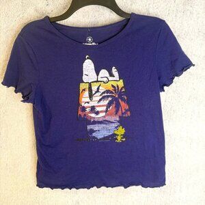 Family Fun Snoopy Woodstock T Shirt Juniors Size L Navy Blue Sunset Peanuts